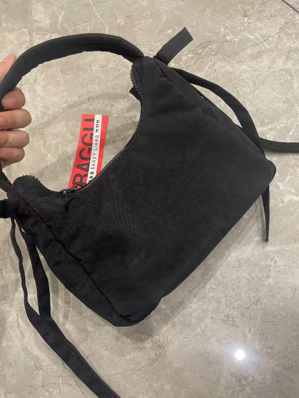 Baggu x Sandy Liang Black Recycled Nylon Bow Hobo Shoulder Bag 11.3x9.3x4.2in - Picture 6 of 7
